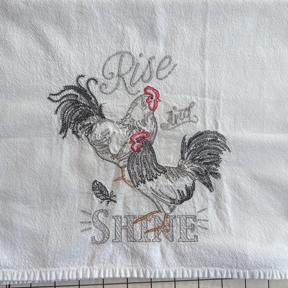 Kay Dee Rooster Embroidered Cotton Kitchen Towel, Farmhouse Style, Rise & Shine